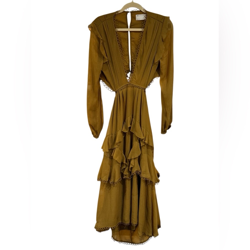 🌞 ASOS Mustard Ruffle Cutout Tiered Midi Dress with Lace Trim 🌞 - Picture 4 of 9
